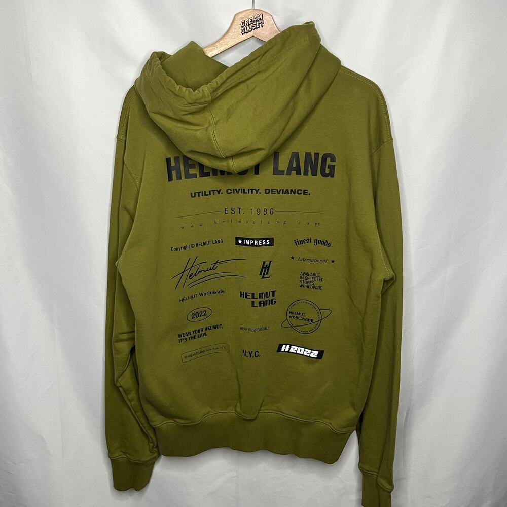 Helmut Lang 2022 Assorted Logo Print Archive Designer Hoodie Olive Green M